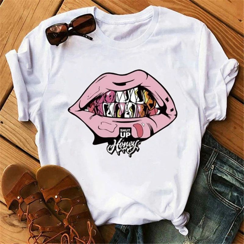 2021 Graphy Tee Shirts Female T-shirt Harajuku Tshirt Lip Lipstick Tops Tee Women's Graphy T Shirt