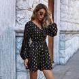 Womens Fashion Mini Dress Long Sleeve V-Neck Polka Dot Dress