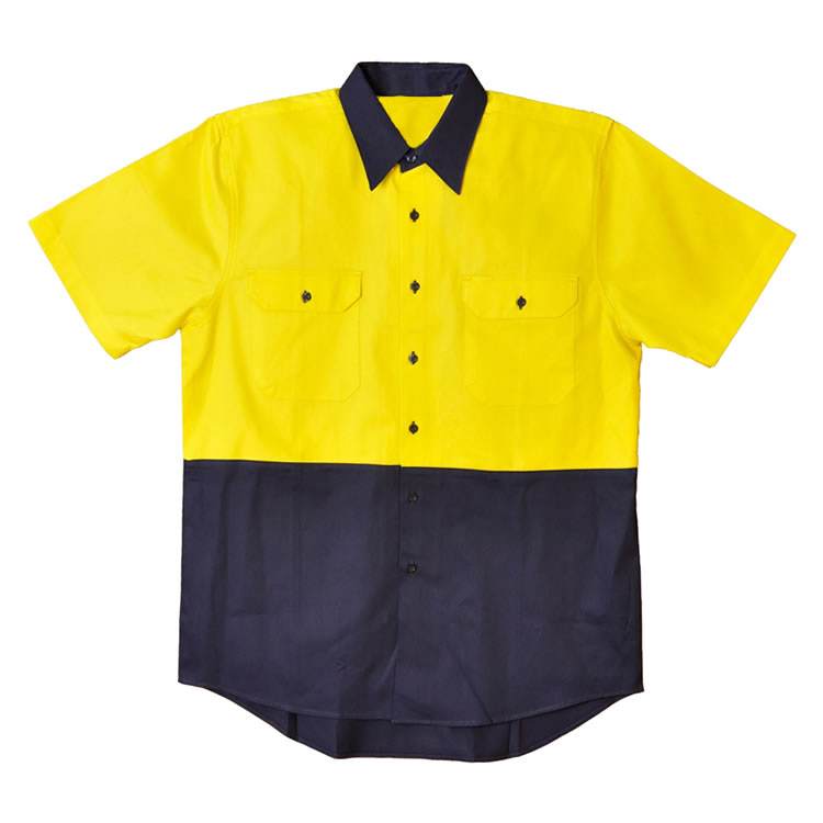 Hot Sale High Visibility Cotton Drill Yellow / Navy Two Tone Hi Vis Short Sleeve Industrial Workwear Mechanic Uniform Work Shirt