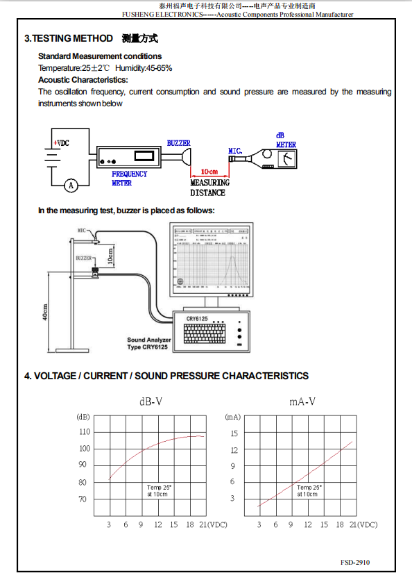 Manufacturer 3.5KHz Piezo Transducer Buzzer Low Current Consumption Continous Sound 12v 24v FSD-2910