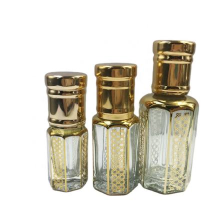 12ml Wholesale Hot Stamping Logo Octagonal Shape Attar Perfume  Arabian Oud Oil Glass Bottle With Glass Stick Glass Oil Bottle
