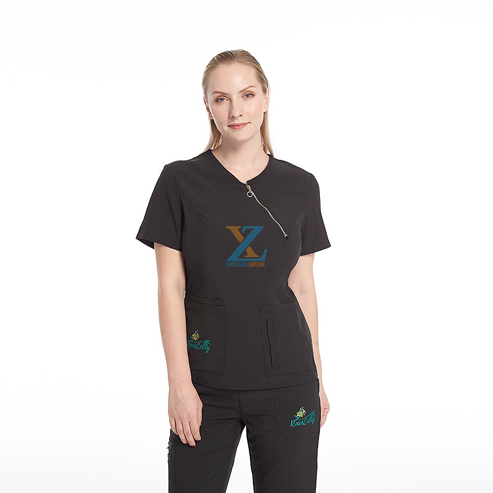 Hidden zip scrub top and pant design short sleeve oem custom with logo nursing scrubs suit set fashion medical hospital uniform