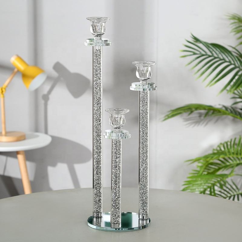 Factory supply wedding or party home table decoration long-stemmed diamond crushed bling Glass Candlestick Holder Candlestick