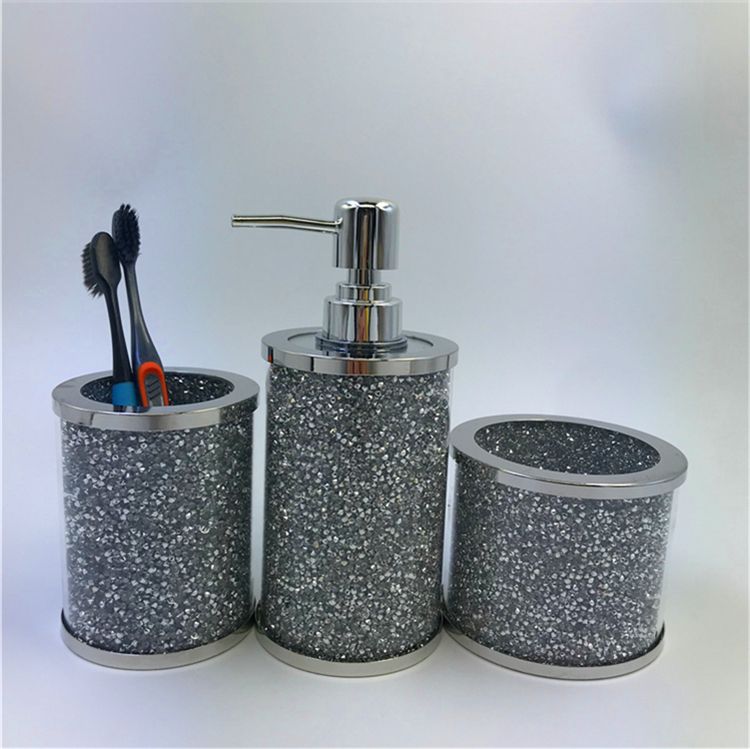 Wholesale Bathroom Accessories Set Crushed Diamond Toothbrush Cup and Vase and Pump Crystal Glass Soap Dispenser Bottle Sets