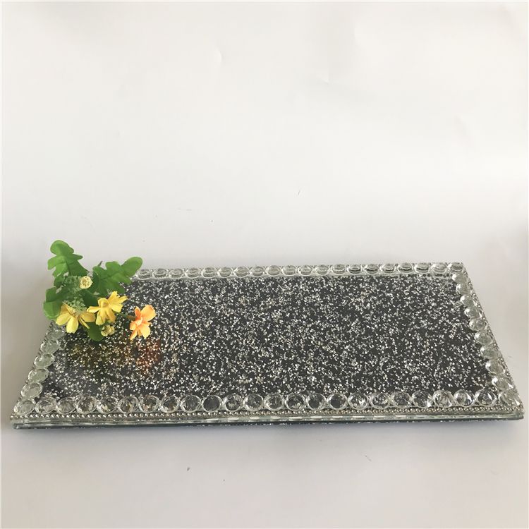 Wholesale event supply square silver crystal glass mirror coffee carry tray  with diamond rim decoration