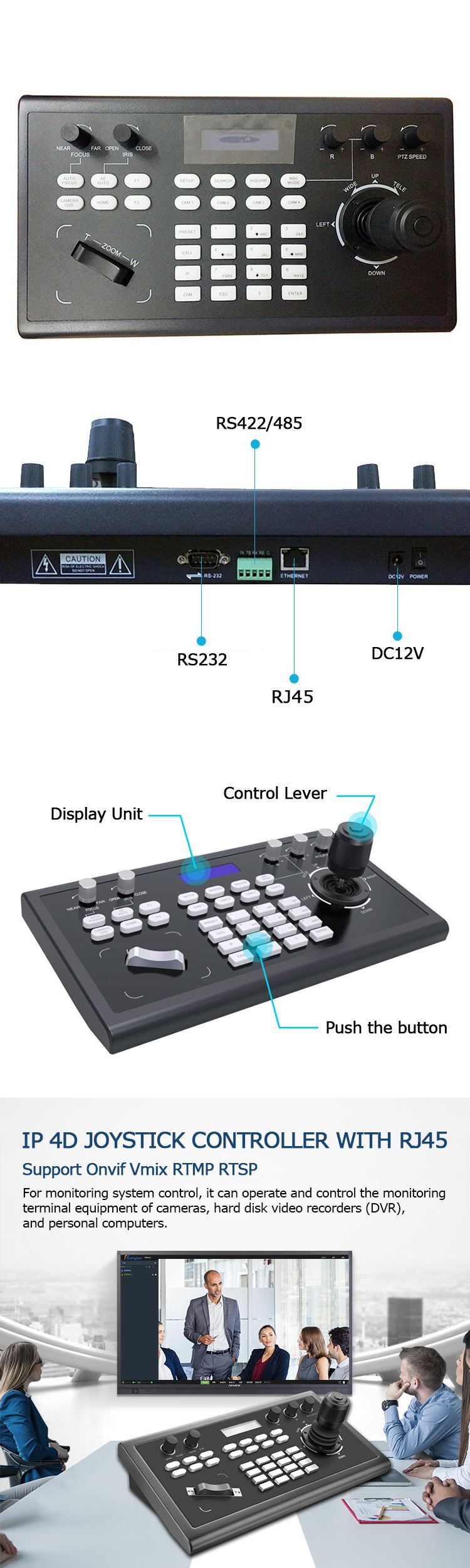 D50 Broadcast IP 4D Joystick Controller with RJ45 Supports Onvif RTMP RTSP Vmix Wirecast Visca PElCO-D/P for 255 cameras top