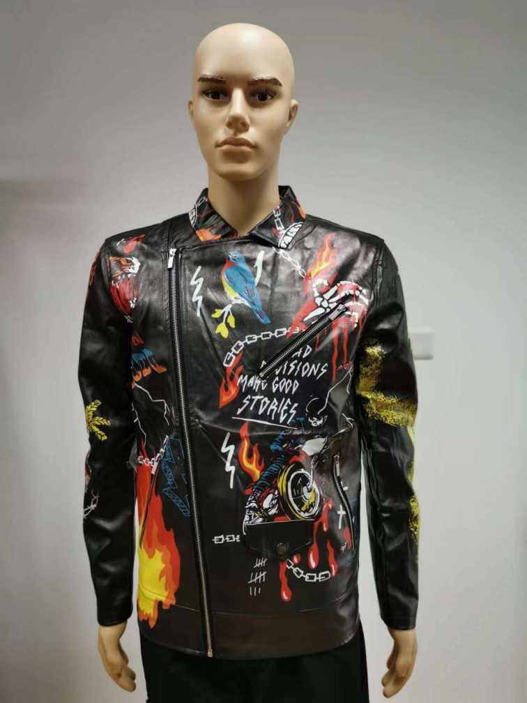 Men's printed PU jacket with taffeta lining     Fashionable and popular