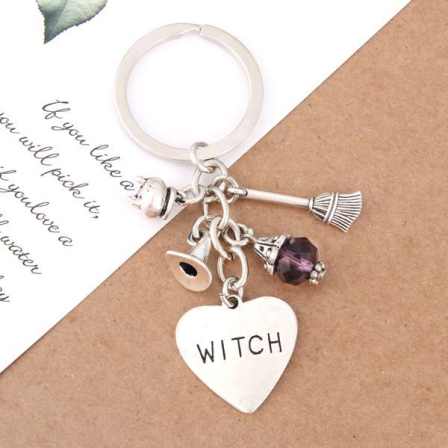 1Pc Halloween Sorcerer Witch Keychain Broom Purple Bead Pendant Keyholder Fit Car Handbag Jewelry Supplies