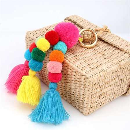 1pc Bohemian Accessories Handmade Keychain Beads Chain Pompom Hand Bag Hanging Key Chains For New Year Gift