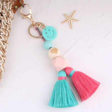 Colorful Wood Beads Tassel Keychain Smile Face Flower Key Ring For Women Handmade Friendship Summer Jewerly Gifts
